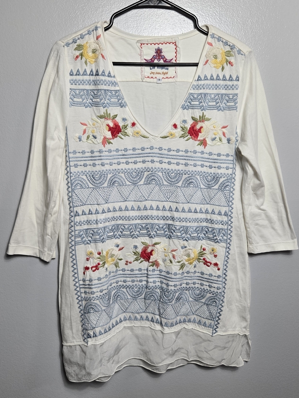 Johnny Was JW Los Angeles Cream Blue Floral Embroidered Cotton Tunic Top Small